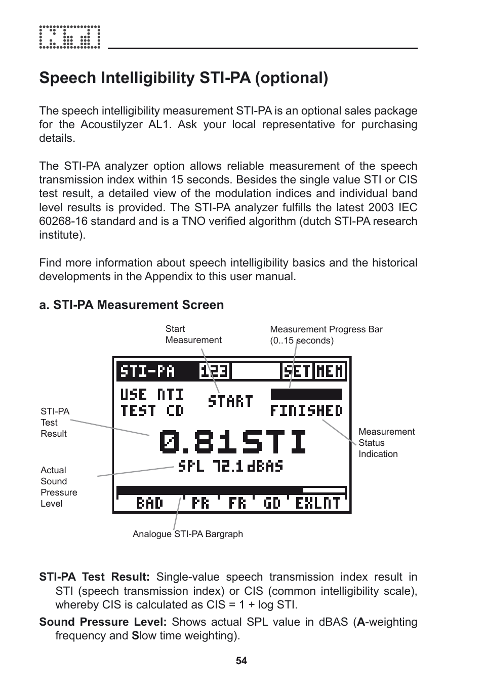 Speech intelligibility sti-pa (optional), A. sti-pa measurement screen | NTi Audio Acoustilyzer AL1 User Manual | Page 54 / 96