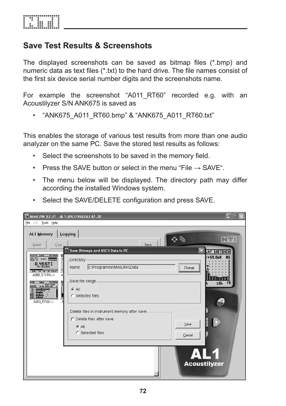 Save test results & screenshots | NTi Audio Acoustilyzer AL1 User Manual | Page 72 / 96
