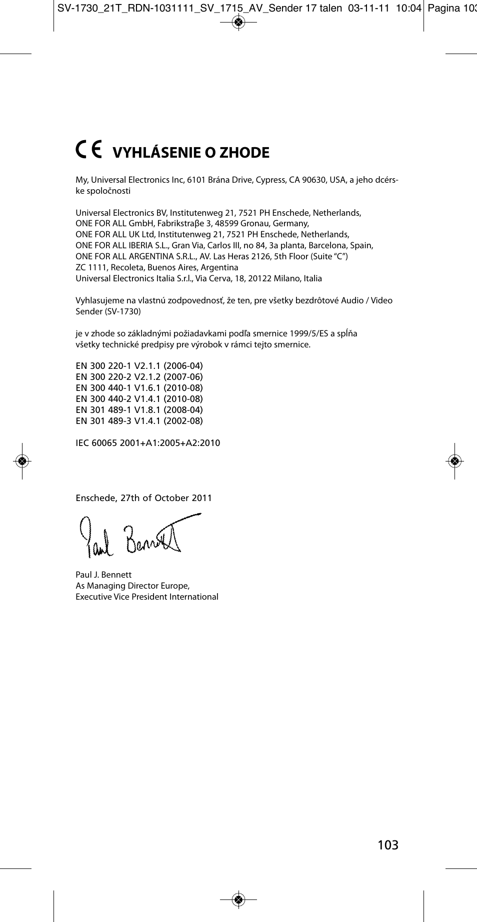 Vyhlásenie o zhode | One for All SV 1730 Wireless 5.8 Ghz TV Sender User Manual | Page 102 / 111