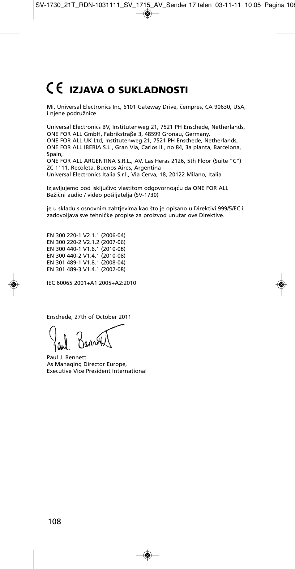 Izjava o sukladnosti | One for All SV 1730 Wireless 5.8 Ghz TV Sender User Manual | Page 107 / 111