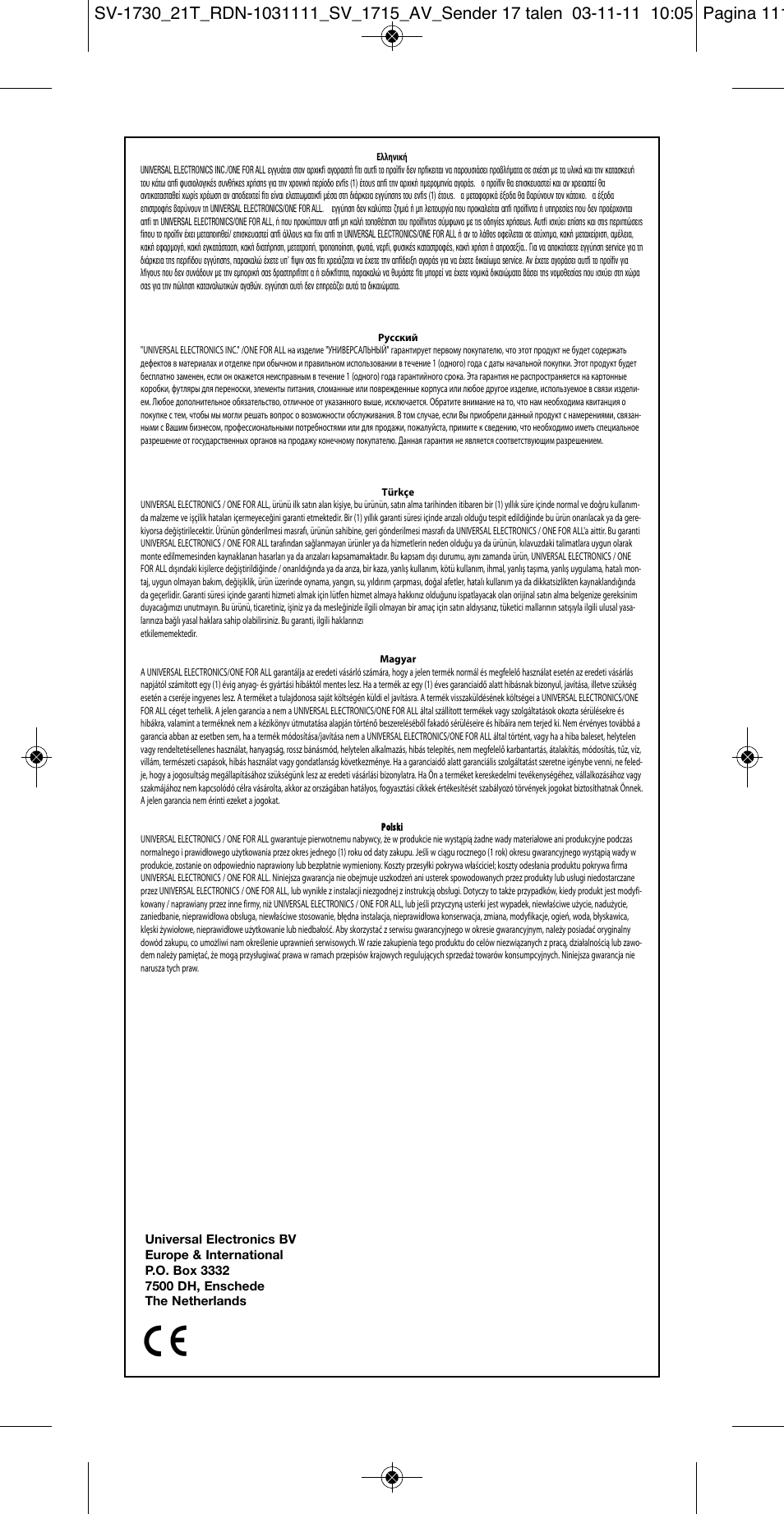 One for All SV 1730 Wireless 5.8 Ghz TV Sender User Manual | Page 108 / 111