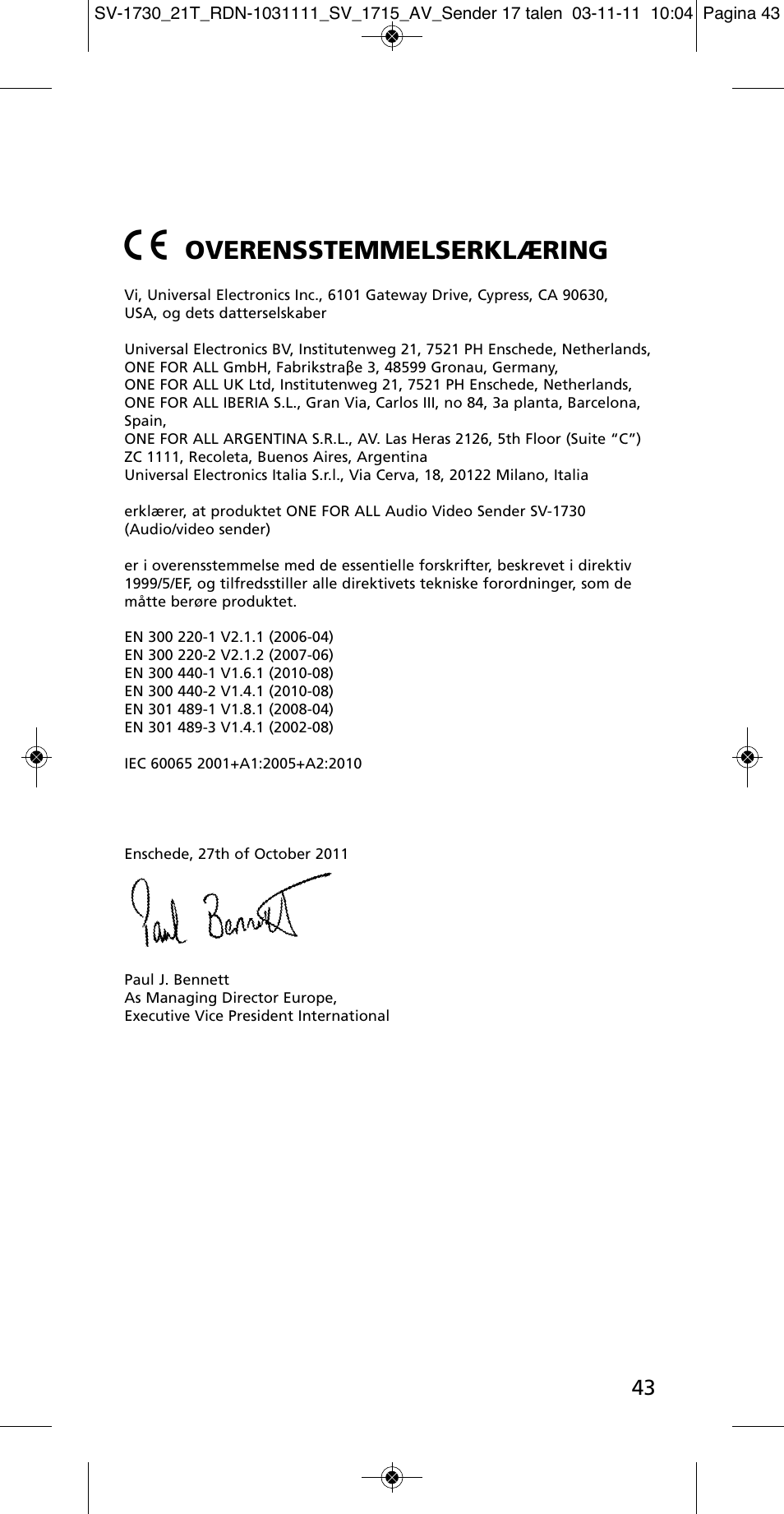 Overensstemmelserklæring | One for All SV 1730 Wireless 5.8 Ghz TV Sender User Manual | Page 42 / 111