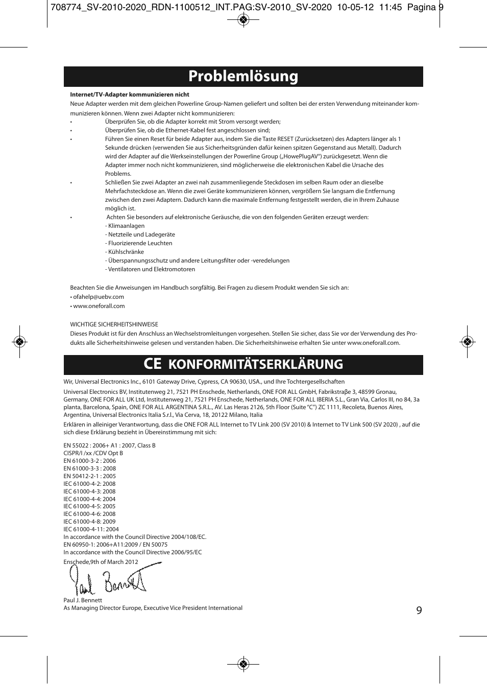 Problemlösung, Konformitätserklärung | One for All SV 2010 Internet to TV Link 200Mbps User Manual | Page 7 / 50