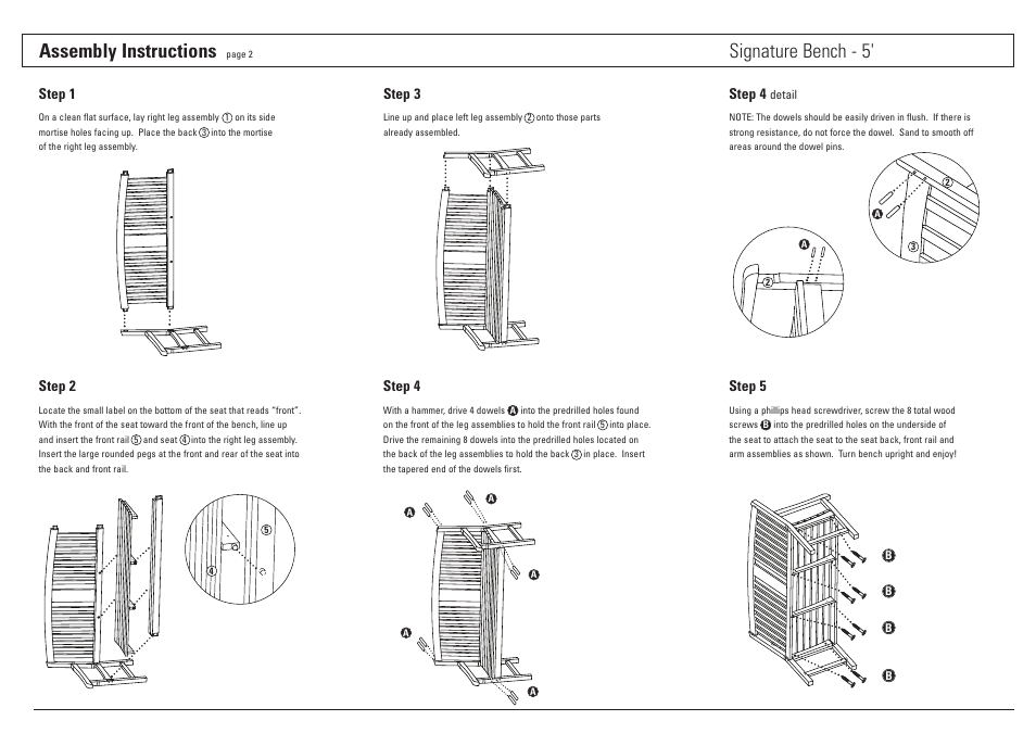 Assembly instructions, Signature bench - 5 | Oxford Garden Signature Series 5 Bench User Manual | Page 2 / 2