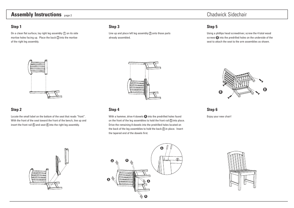 Assembly instructions, Chadwick sidechair | Oxford Garden Chadwick Sidechair User Manual | Page 2 / 2