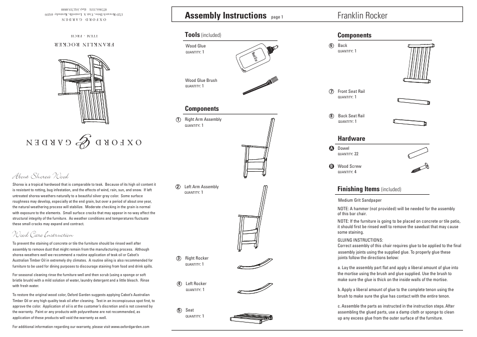 Oxford Garden Franklin Rocking Chair User Manual | 3 pages