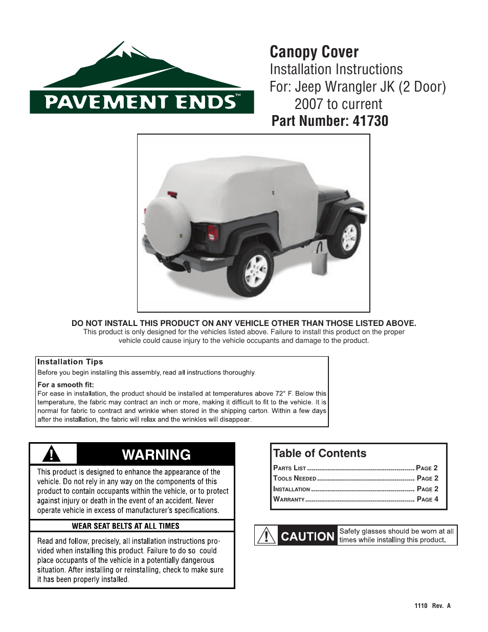 Pavement Ends 41730 Canopy Cover User Manual | 4 pages