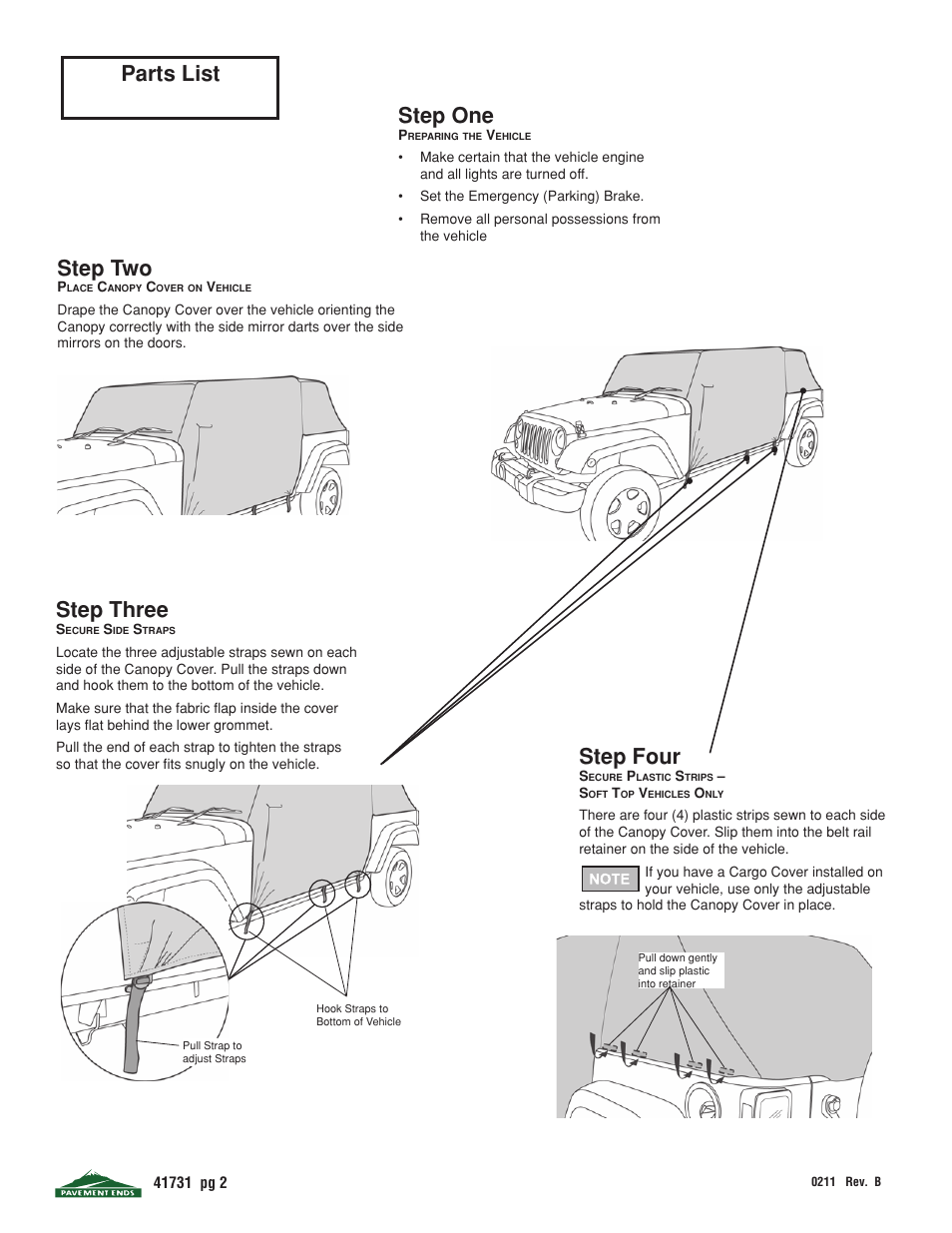 Parts list step one, Step three, Step two | Step four | Pavement Ends 41731 Canopy Cover User Manual | Page 2 / 4