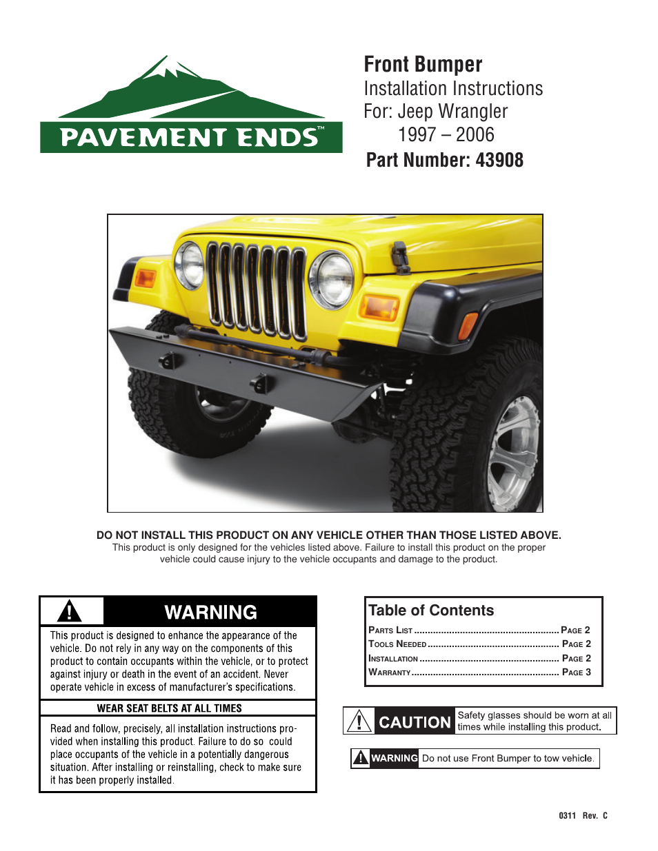 Pavement Ends 43908 Front Bumpers User Manual | 3 pages