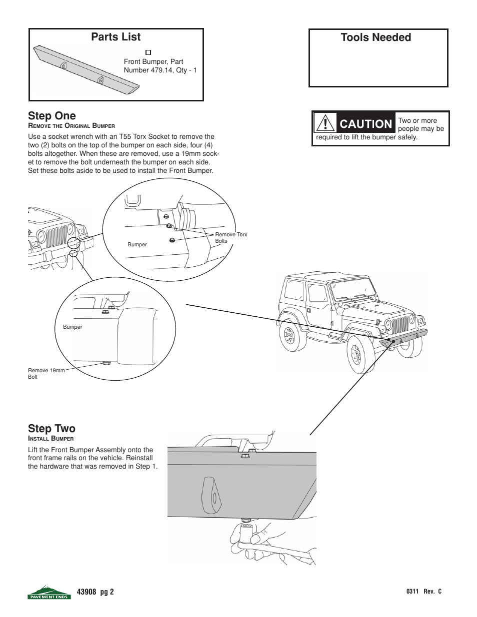 Parts list step one, Step two, Tools needed | Pavement Ends 43908 Front Bumpers User Manual | Page 2 / 3