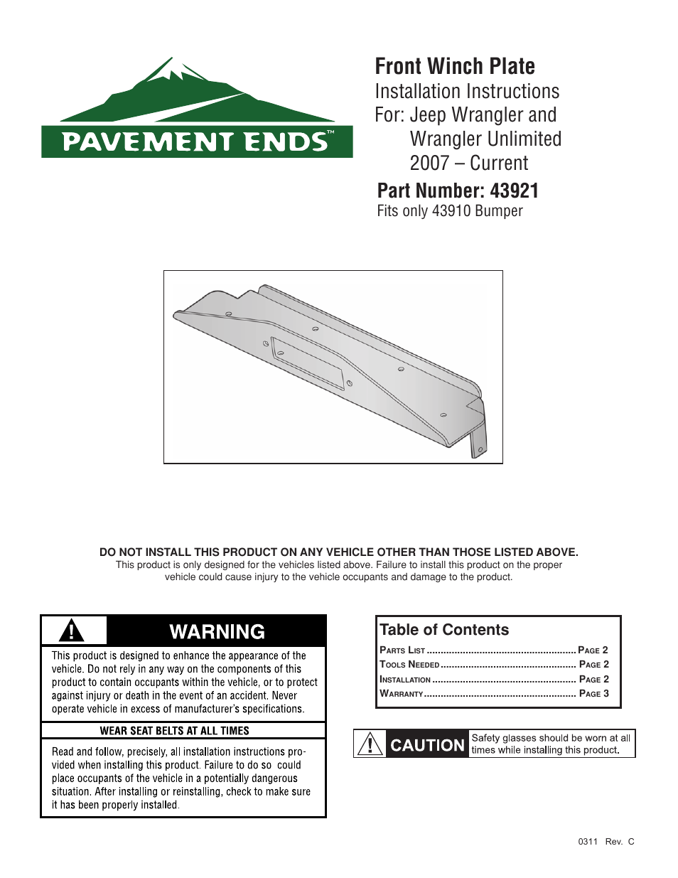 Pavement Ends 43921 Front Bumpers User Manual | 3 pages