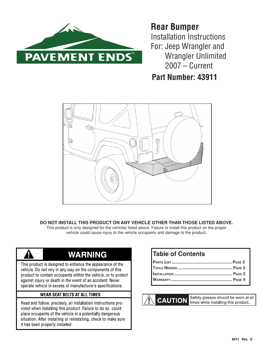 Pavement Ends 43911 Rear Bumpers User Manual | 4 pages