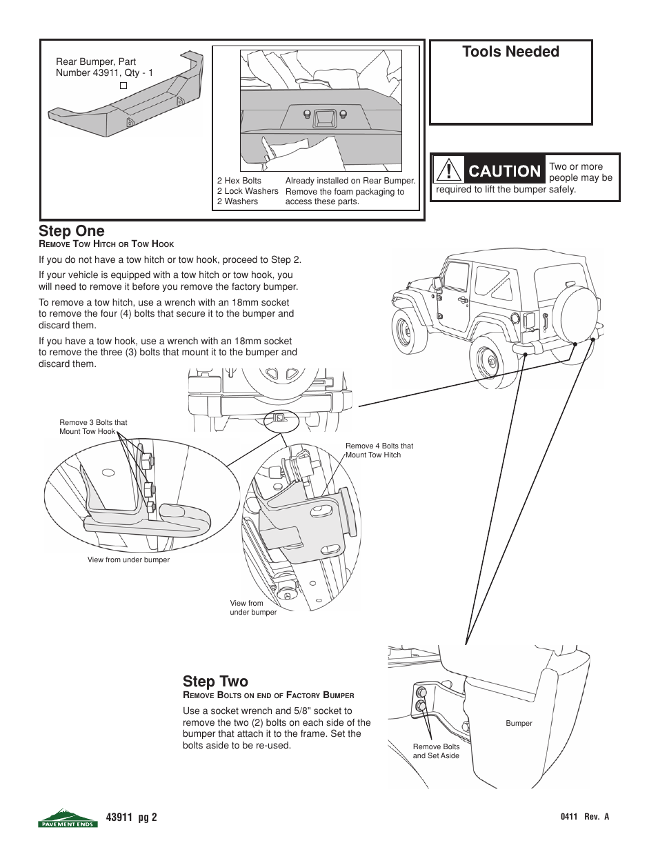 Step one, Step two, Tools needed | Pavement Ends 43911 Rear Bumpers User Manual | Page 2 / 4