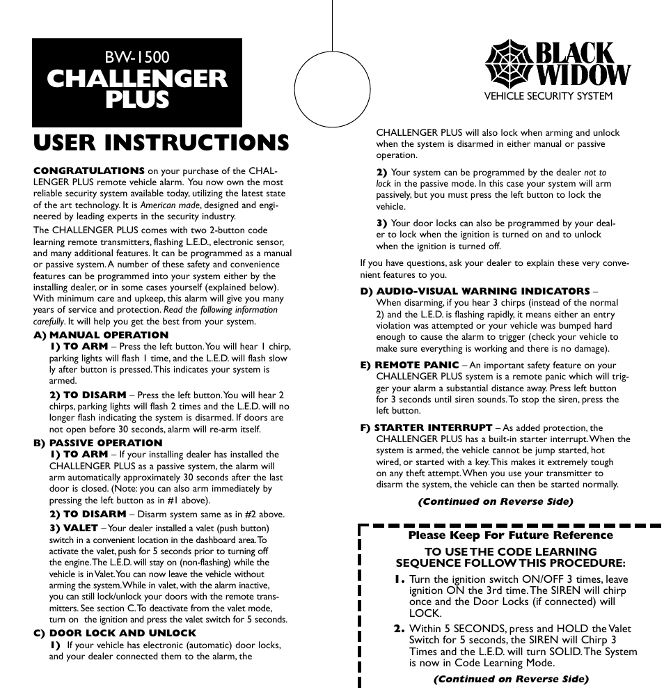 Black Widow Security BW-1500 User Manual | 2 pages