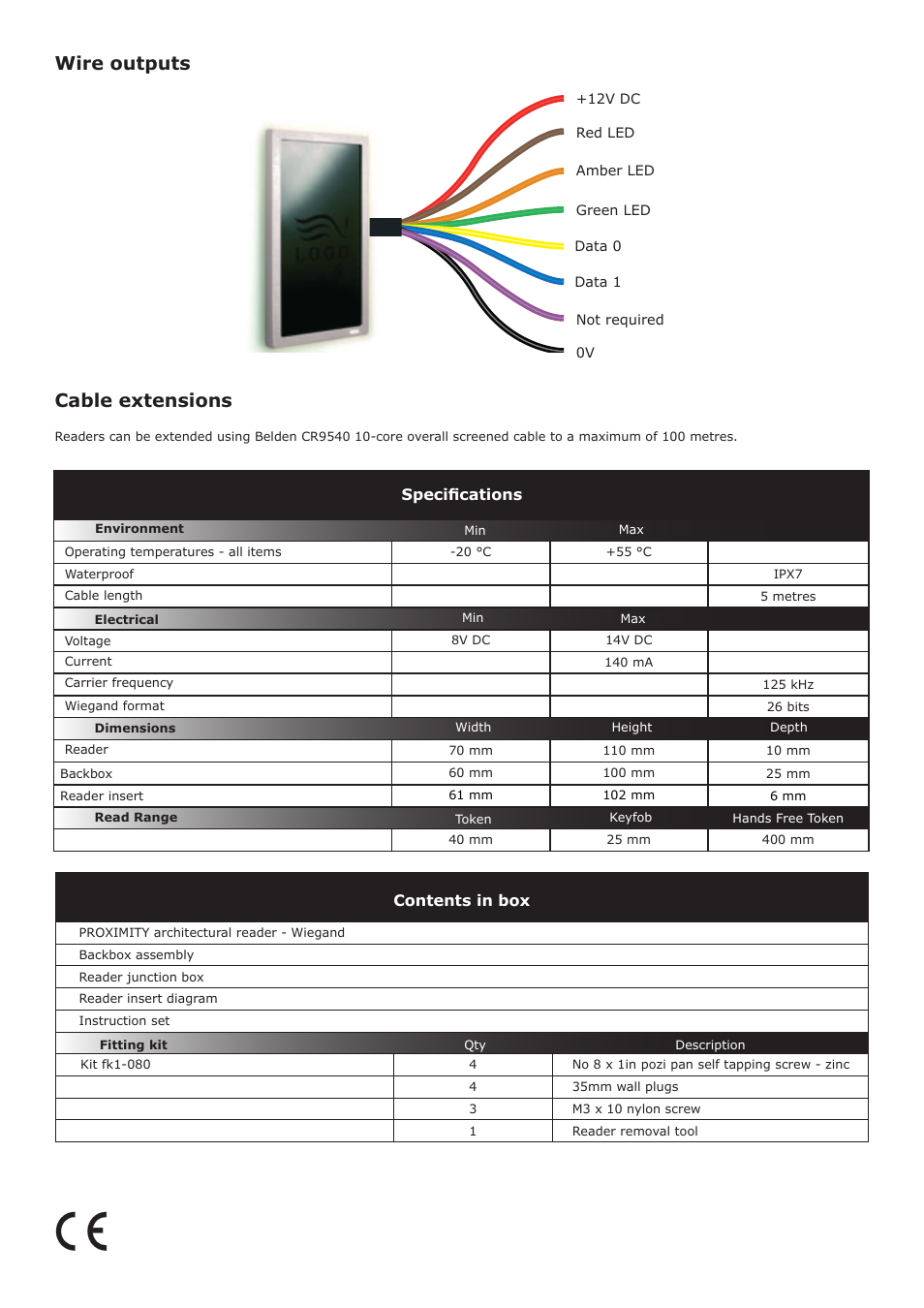 Wire outputs cable extensions, Contents in box, Specifications | Paxton OEM PROXIMITY architectural reader EM4100 Wiegand output User Manual | Page 2 / 4