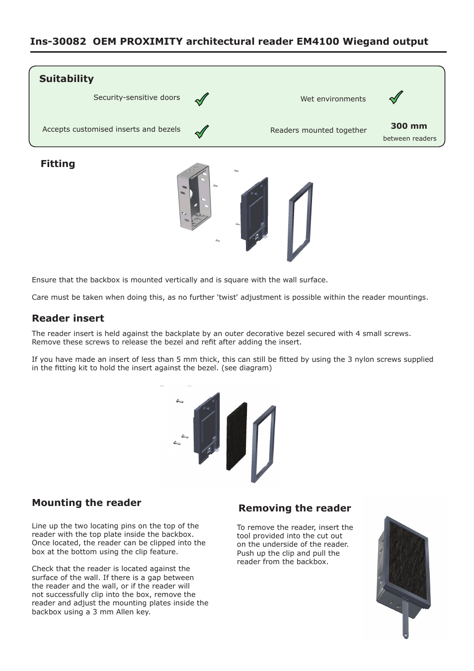 Fitting, Reader insert removing the reader, Mounting the reader | Paxton OEM PROXIMITY architectural reader EM4100 Wiegand output User Manual | Page 3 / 4