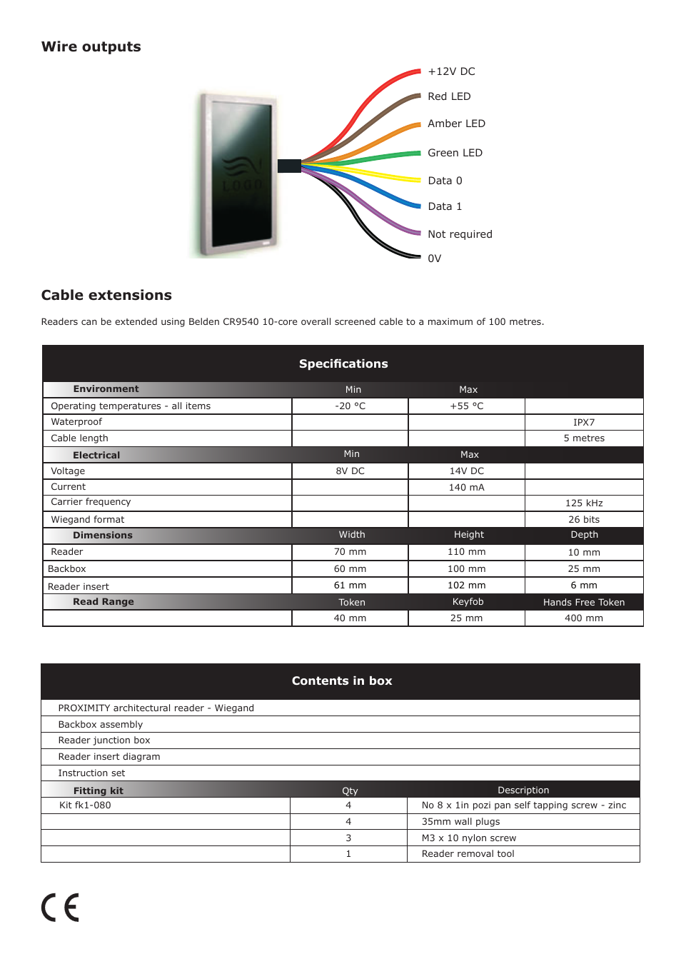 Wire outputs cable extensions, Specifications, Contents in box | Paxton OEM PROXIMITY architectural reader EM4100 Wiegand output User Manual | Page 4 / 4