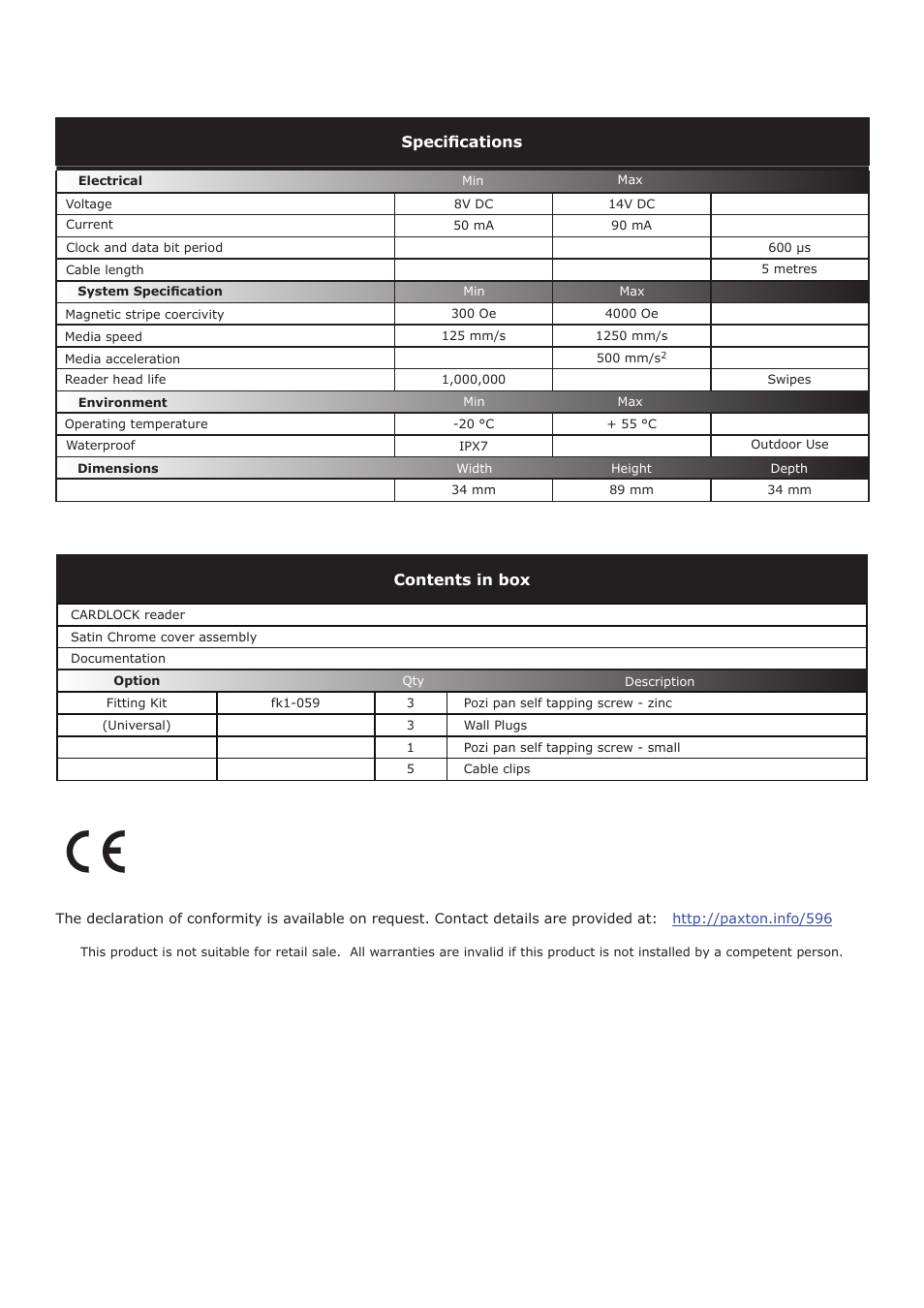 Contents in box, Specifications | Paxton CARDLOCK reader User Manual | Page 4 / 4