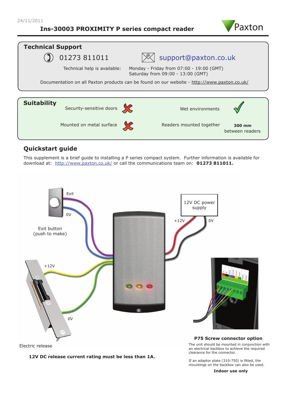 Paxton PROXIMITY P series compact reader User Manual | 4 pages