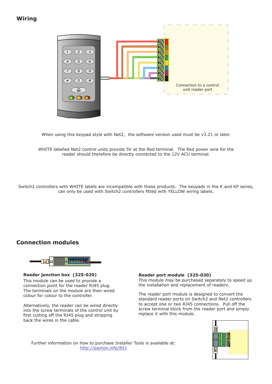 Wiring, Connection modules | Paxton TOUCHLOCK K series keypad User Manual | Page 2 / 4