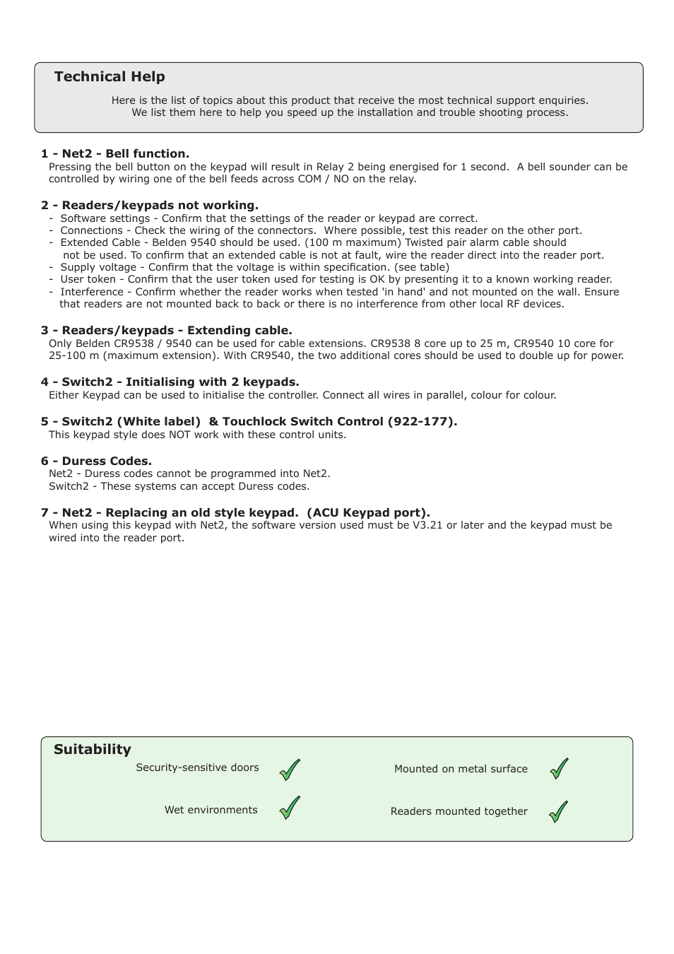 Technical help, Suitability | Paxton TOUCHLOCK K series keypad User Manual | Page 3 / 4