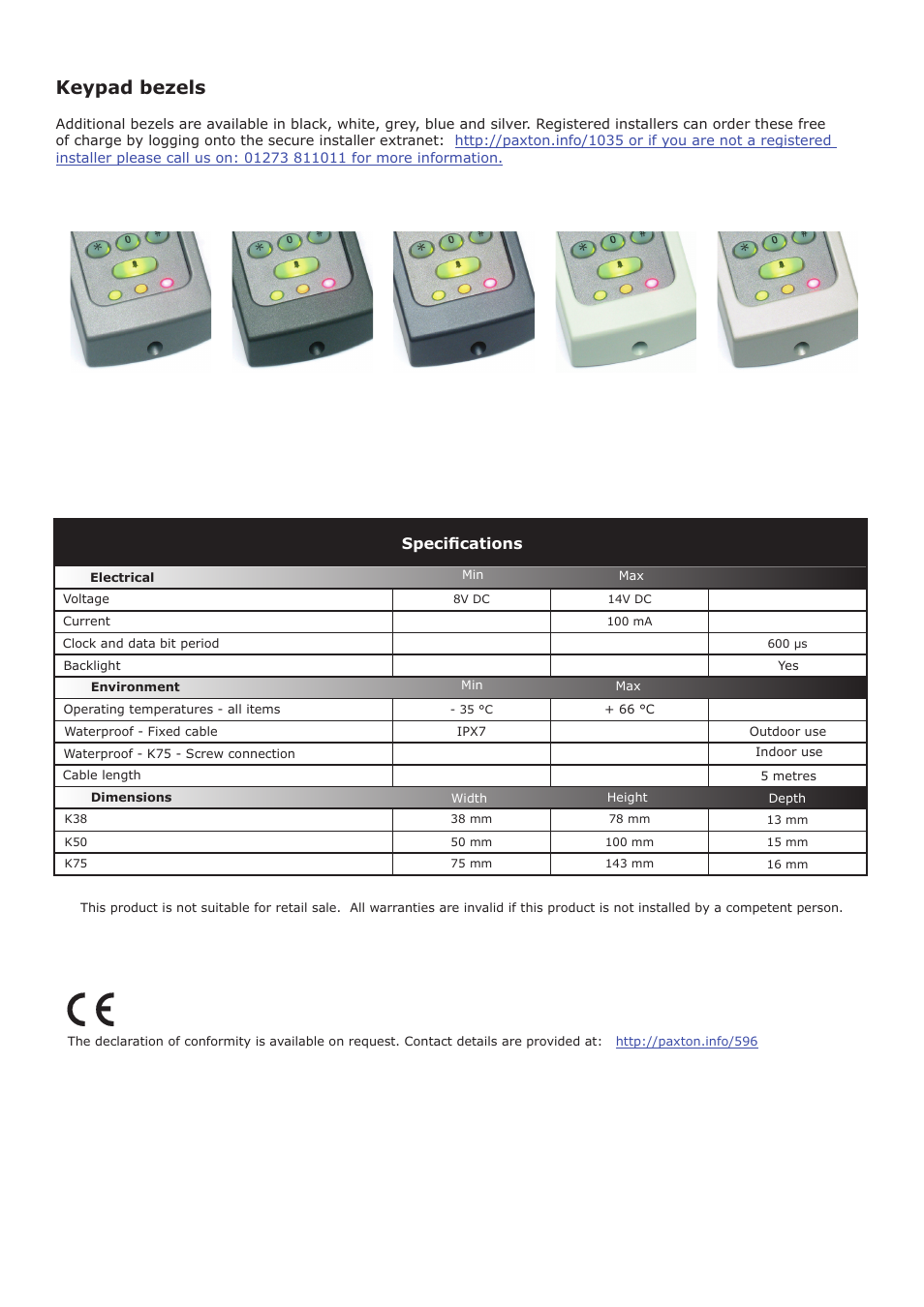 Keypad bezels, Specifications | Paxton TOUCHLOCK K series keypad User Manual | Page 4 / 4