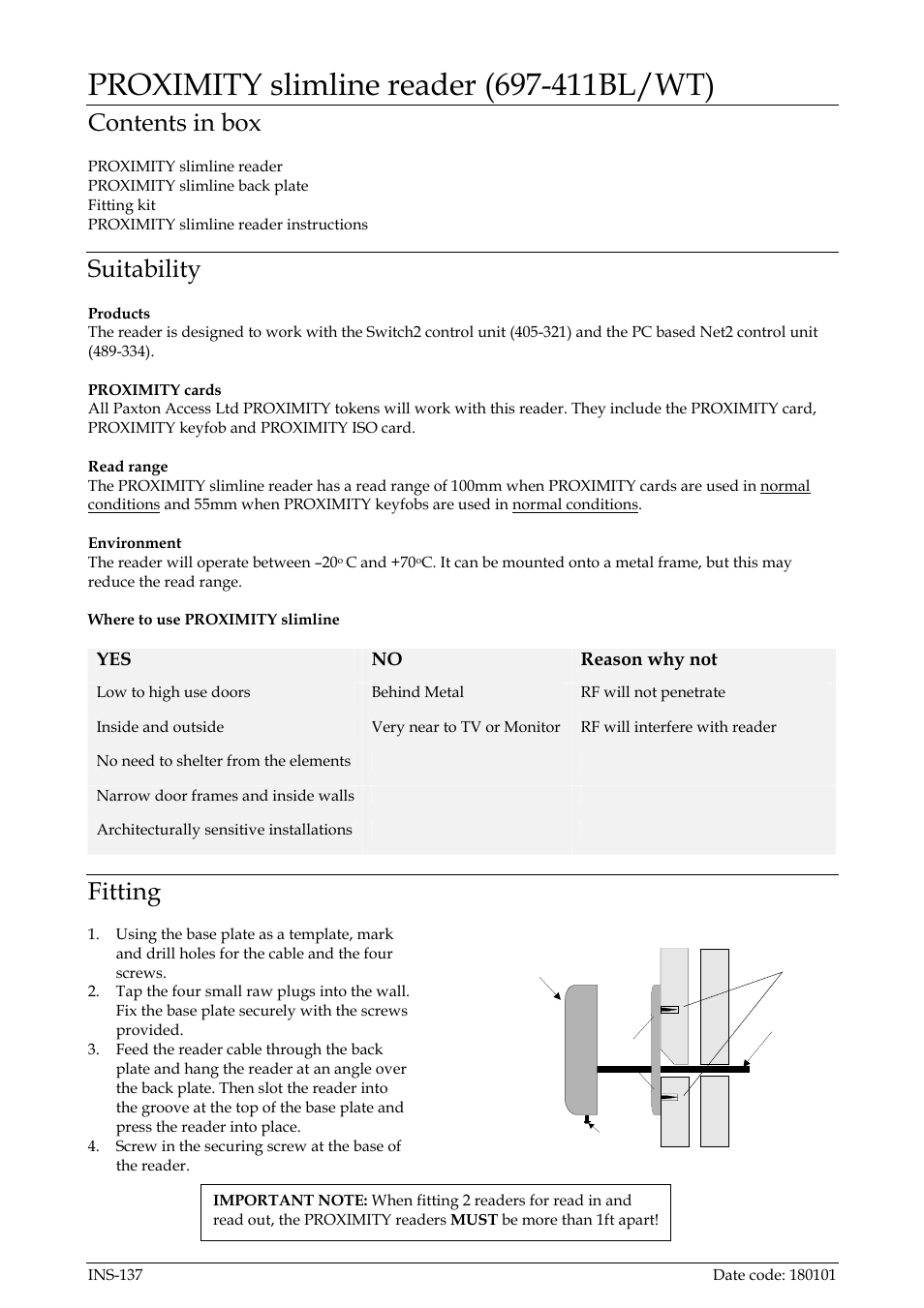 Paxton PROXIMITY slimline reader (697-411BL/WT) User Manual | 2 pages