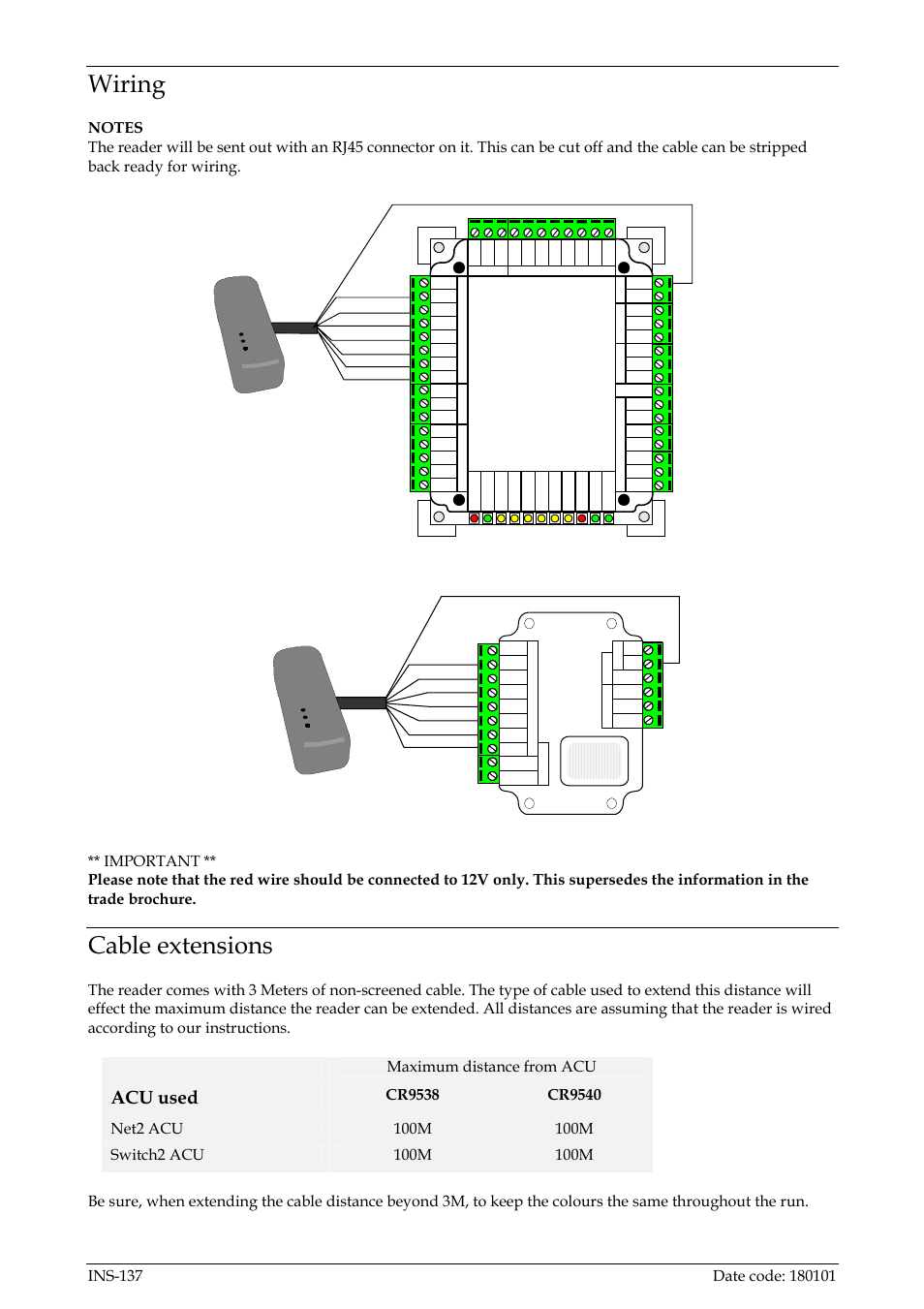 Notes, Maximum distance from acu, Wiring | Cable extensions, Acu used, Net2, Control unit, Witch | Paxton PROXIMITY slimline reader (697-411BL/WT) User Manual | Page 2 / 2