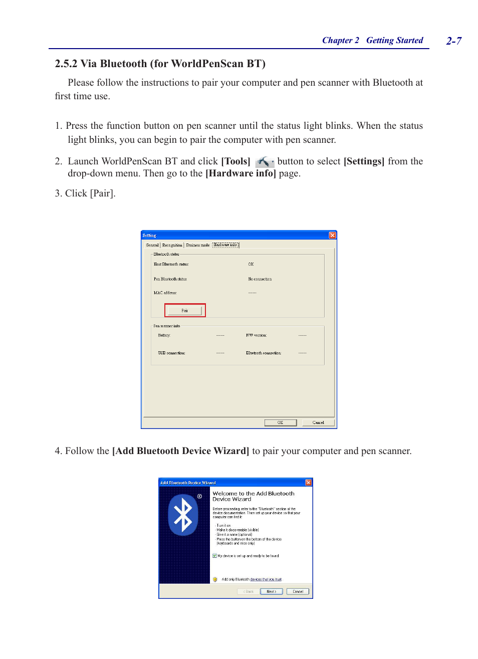 2 via bluetooth (for worldpenscan bt), 2 via bluetooth (for worldpenscan bt) -7 | Penpower WorldPenScan (Win) User Manual | Page 14 / 36