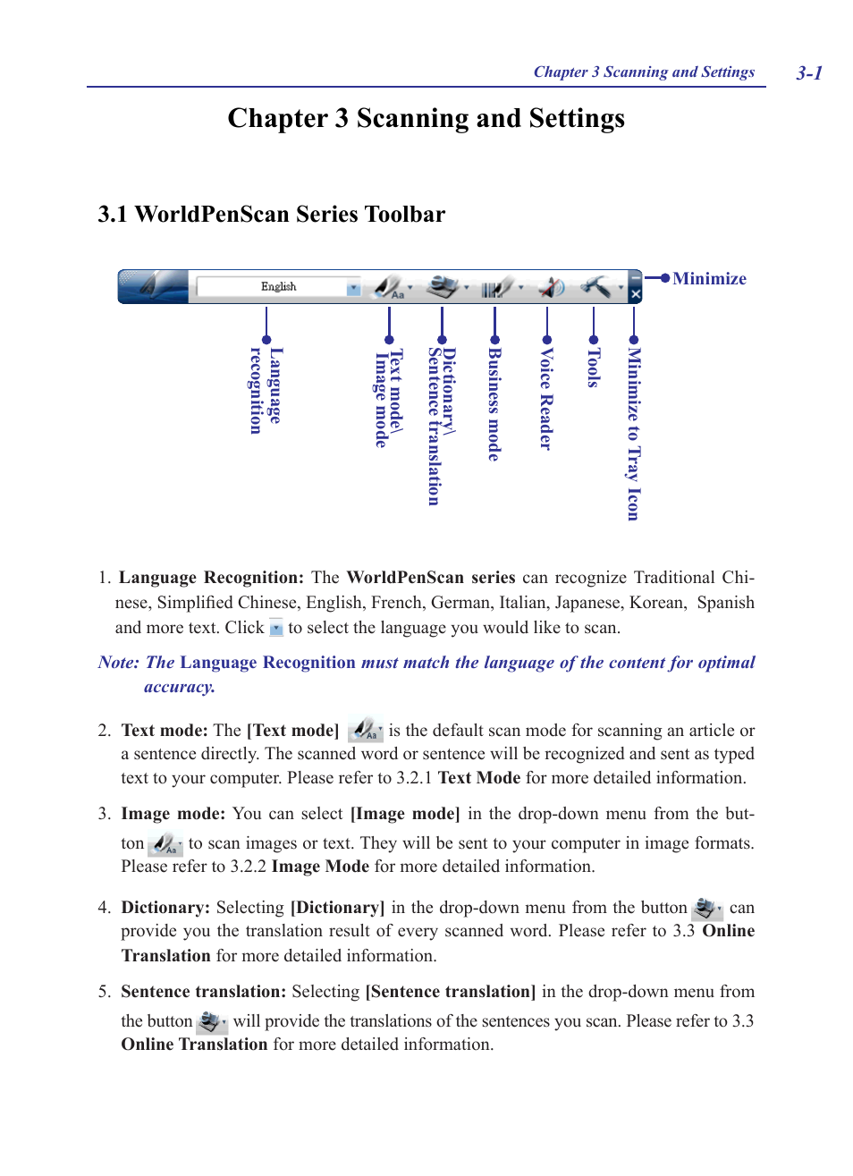 Chapter 3 scanning and settings, 1 worldpenscan series toolbar, Chapter 3 scanning and settings -1 | 1 worldpenscan series toolbar -1 | Penpower WorldPenScan (Win) User Manual | Page 17 / 36