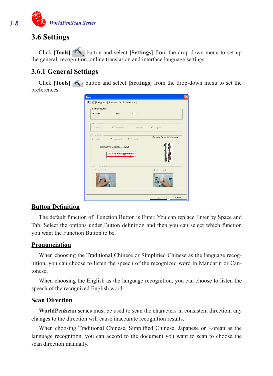 6 settings, 1 general settings, 6 settings -8 | 1 general settings -8 | Penpower WorldPenScan (Win) User Manual | Page 24 / 36