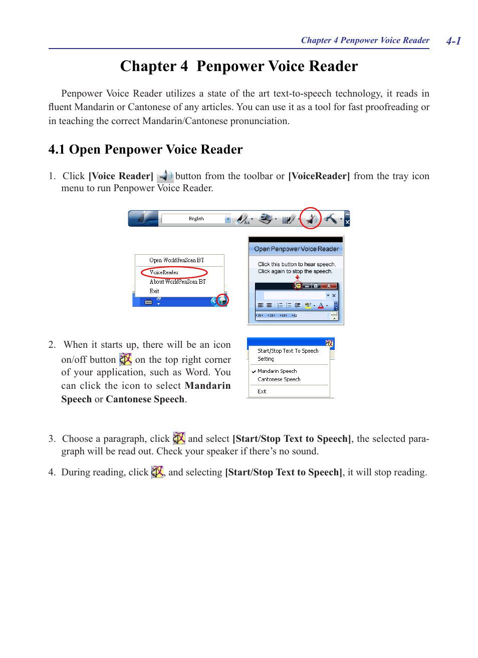 Chapter 4 penpower voice reader, 1 open penpower voice reader, Chapter 4 penpower voice reader -1 | 1 open penpower voice reader -1 | Penpower WorldPenScan (Win) User Manual | Page 31 / 36