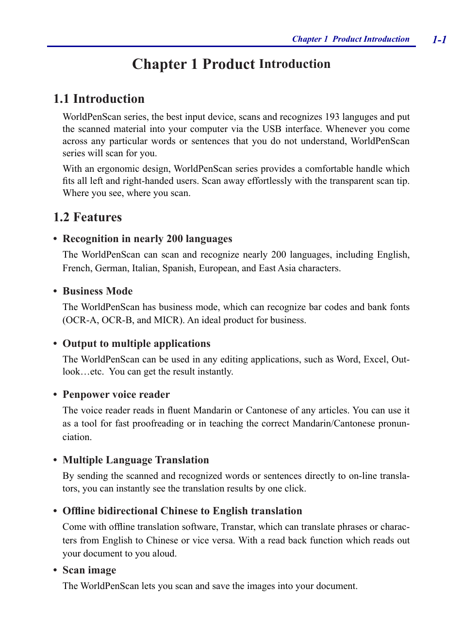 Chapter 1 product introduction, 1 introduction, 2 features | Chapter 1 product, Introduction -1, 1 introduction -1 1.2 features -1, Introduction 1.1 introduction | Penpower WorldPenScan (Win) User Manual | Page 7 / 36