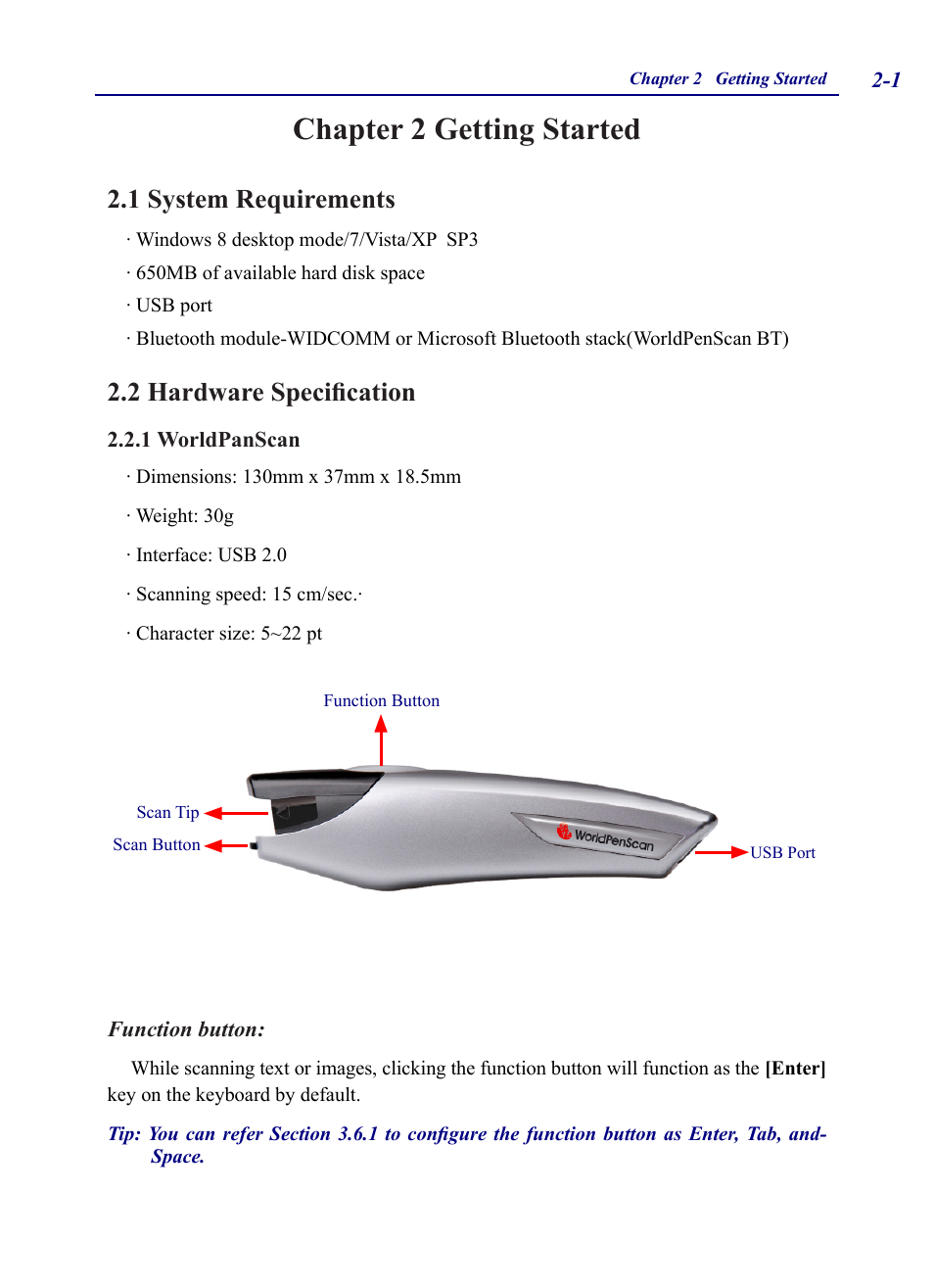 Chapter 2 getting started, 1 system requirements, 2 hardware specification | 1 worldpanscan, Chapter 2 getting started -1, 1 worldpanscan -1 | Penpower WorldPenScan (Win) User Manual | Page 8 / 36