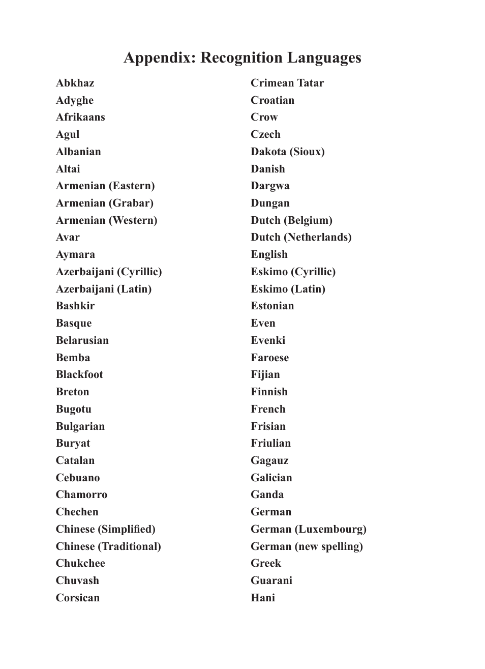 Appendix: recognition languages | Penpower WorldPenScan (Mac) User Manual | Page 29 / 32
