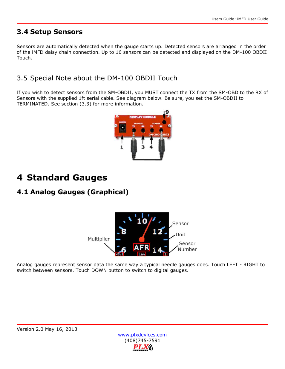 Setup sensors, Special note about the dm-100 obdii touch, Standard gauges | Analog gauges (graphical), 4 standard gauges, 4 setup sensors, 1 analog gauges (graphical) | PLX Devices DM-100 OBDII Touch User Manual | Page 13 / 23