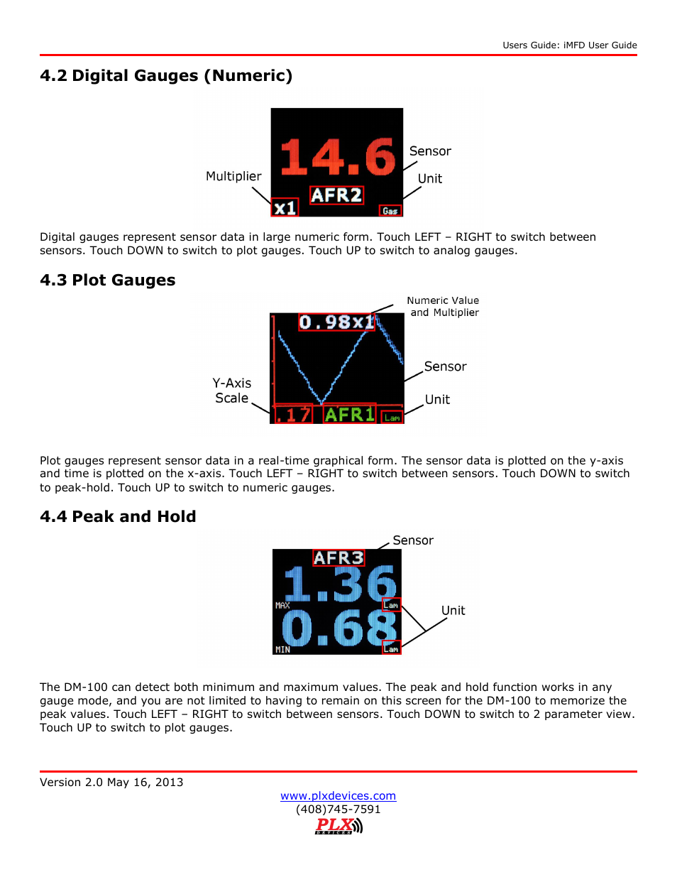 Digital gauges (numeric), Plot gauges, Peak and hold | 2 digital gauges (numeric), 3 plot gauges, 4 peak and hold | PLX Devices DM-100 OBDII Touch User Manual | Page 14 / 23