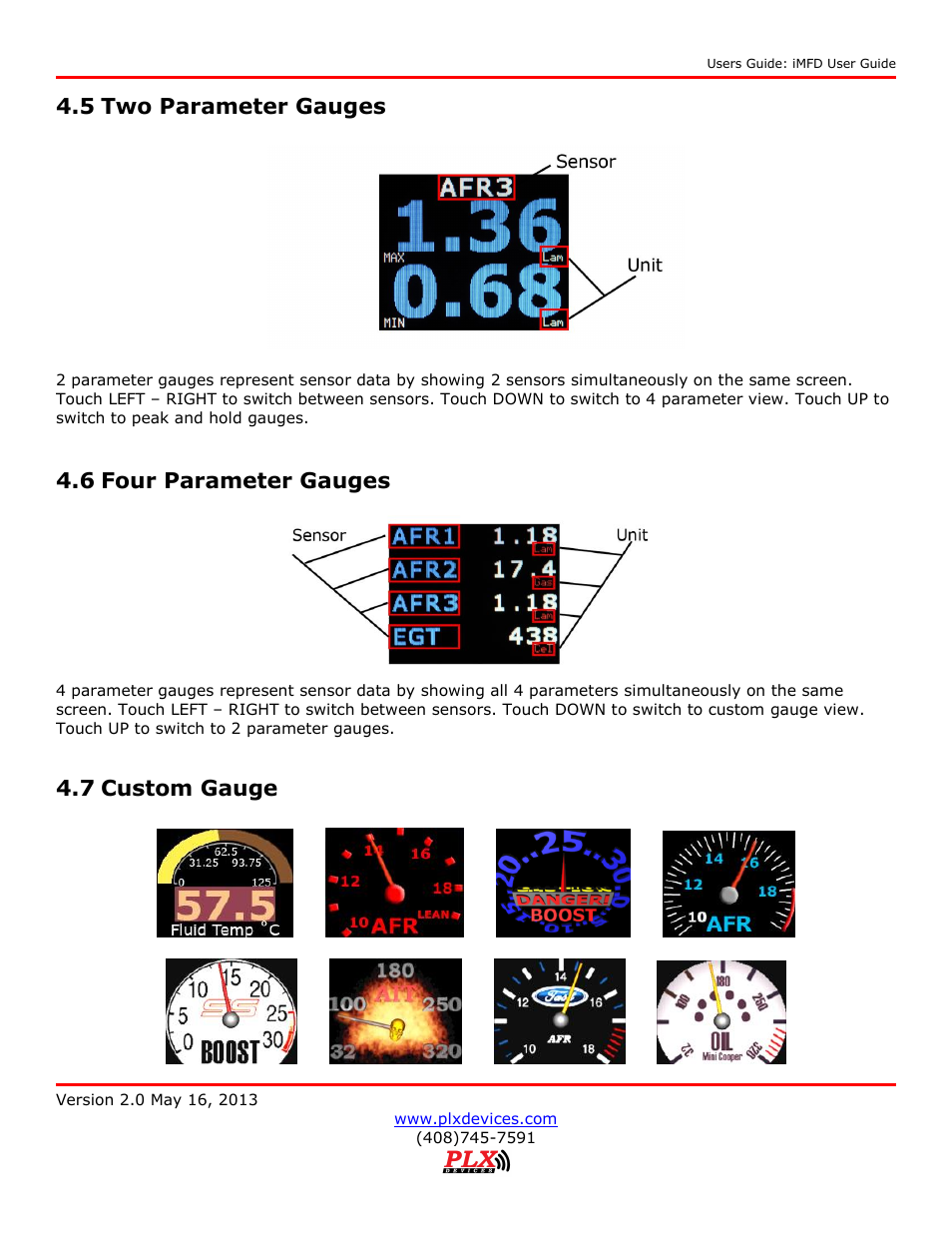 Two parameter gauges, Four parameter gauges, Custom gauge | 5 two parameter gauges, 6 four parameter gauges, 7 custom gauge | PLX Devices DM-100 OBDII Touch User Manual | Page 15 / 23