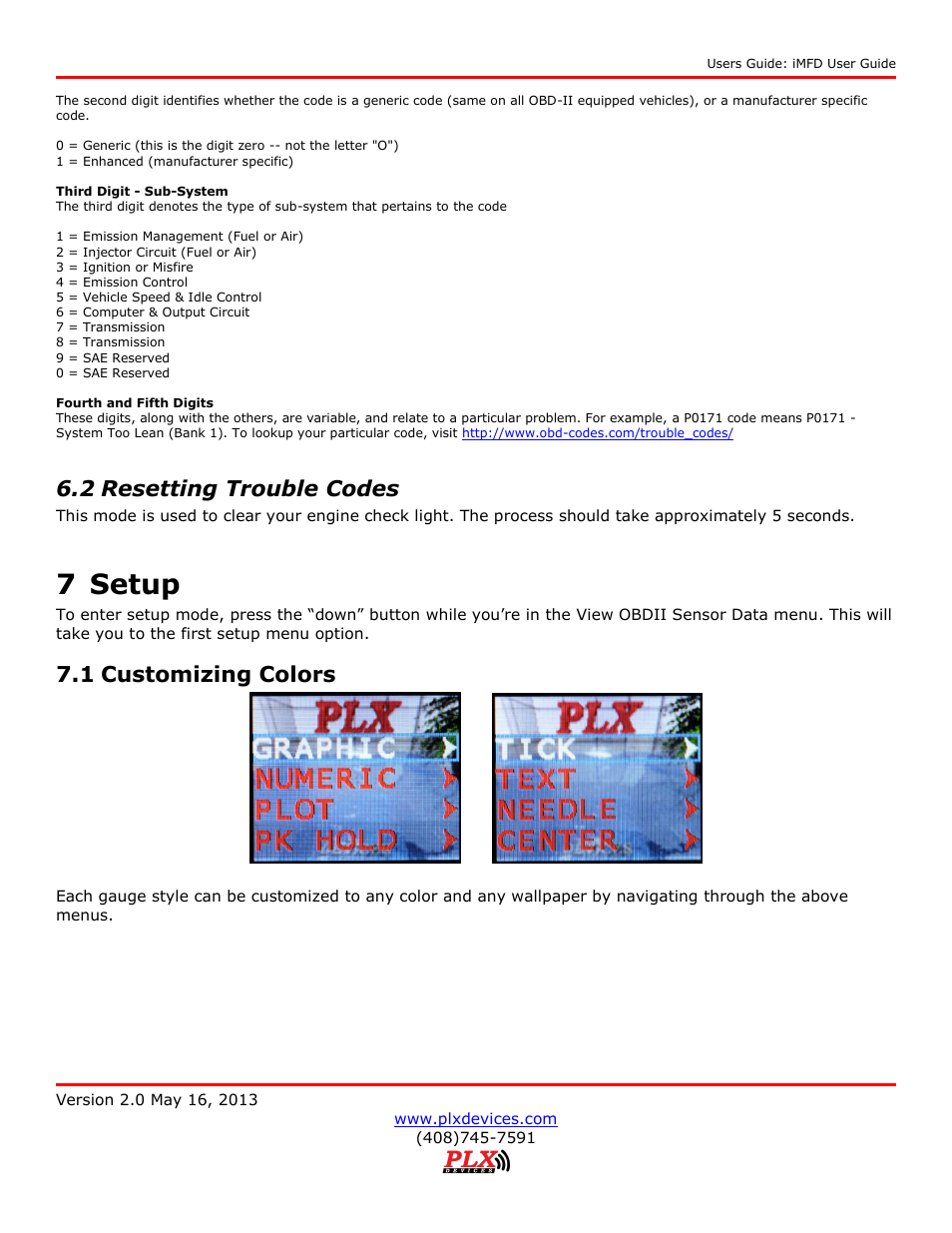 Resetting trouble codes, Setup, Customizing colors | 7 setup, 2 resetting trouble codes, 1 customizing colors | PLX Devices DM-100 OBDII Touch User Manual | Page 19 / 23