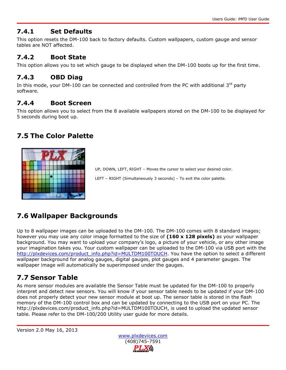 Set defaults, Boot state, Obd diag | Boot screen, The color palette, Wallpaper backgrounds, Sensor table, 5 the color palette, 6 wallpaper backgrounds, 7 sensor table | PLX Devices DM-100 OBDII Touch User Manual | Page 22 / 23