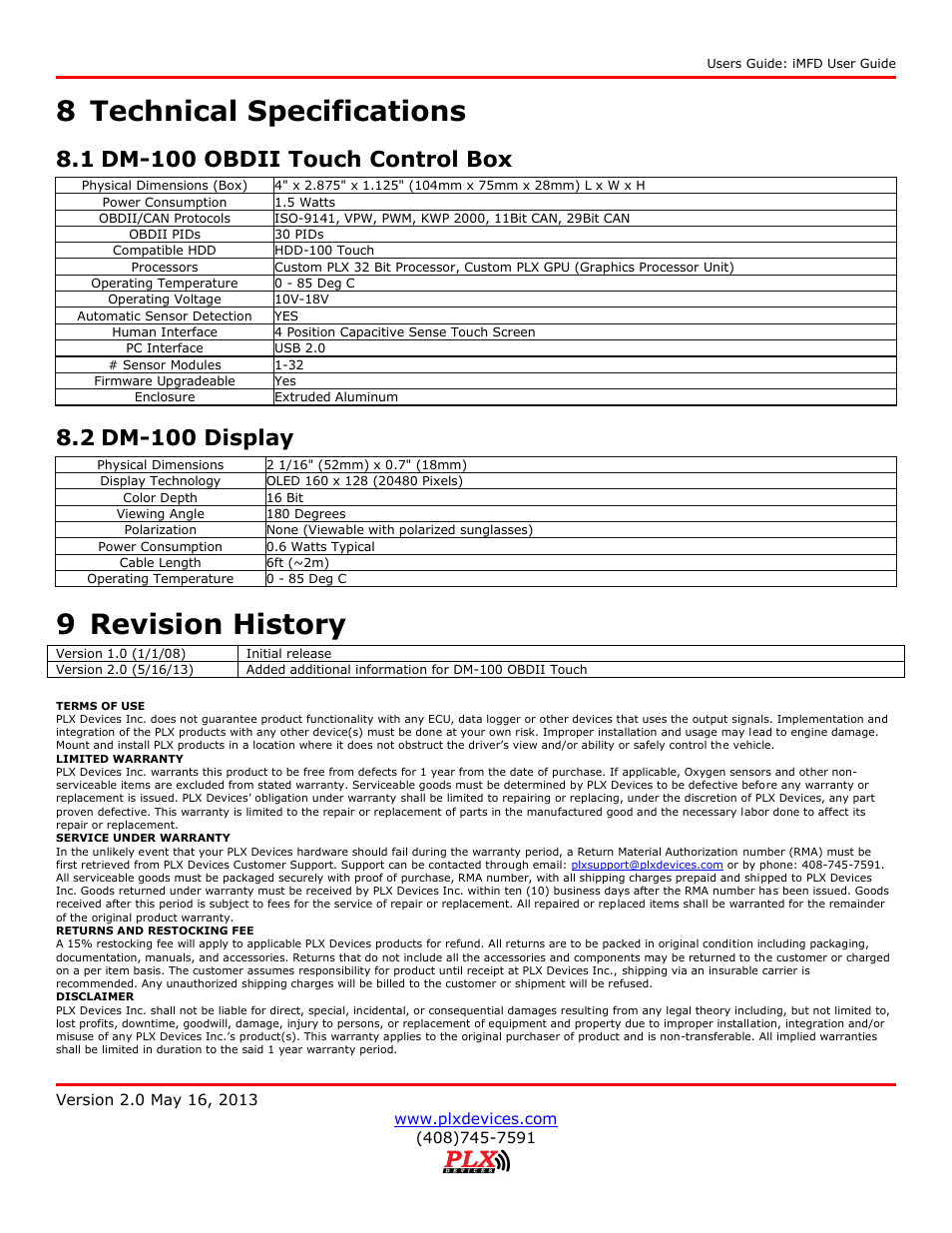 Technical specifications, Dm-100 obdii touch control box, Dm-100 display | Revision history, 8 technical specifications, 9 revision history, 1 dm-100 obdii touch control box, 2 dm-100 display | PLX Devices DM-100 OBDII Touch User Manual | Page 23 / 23