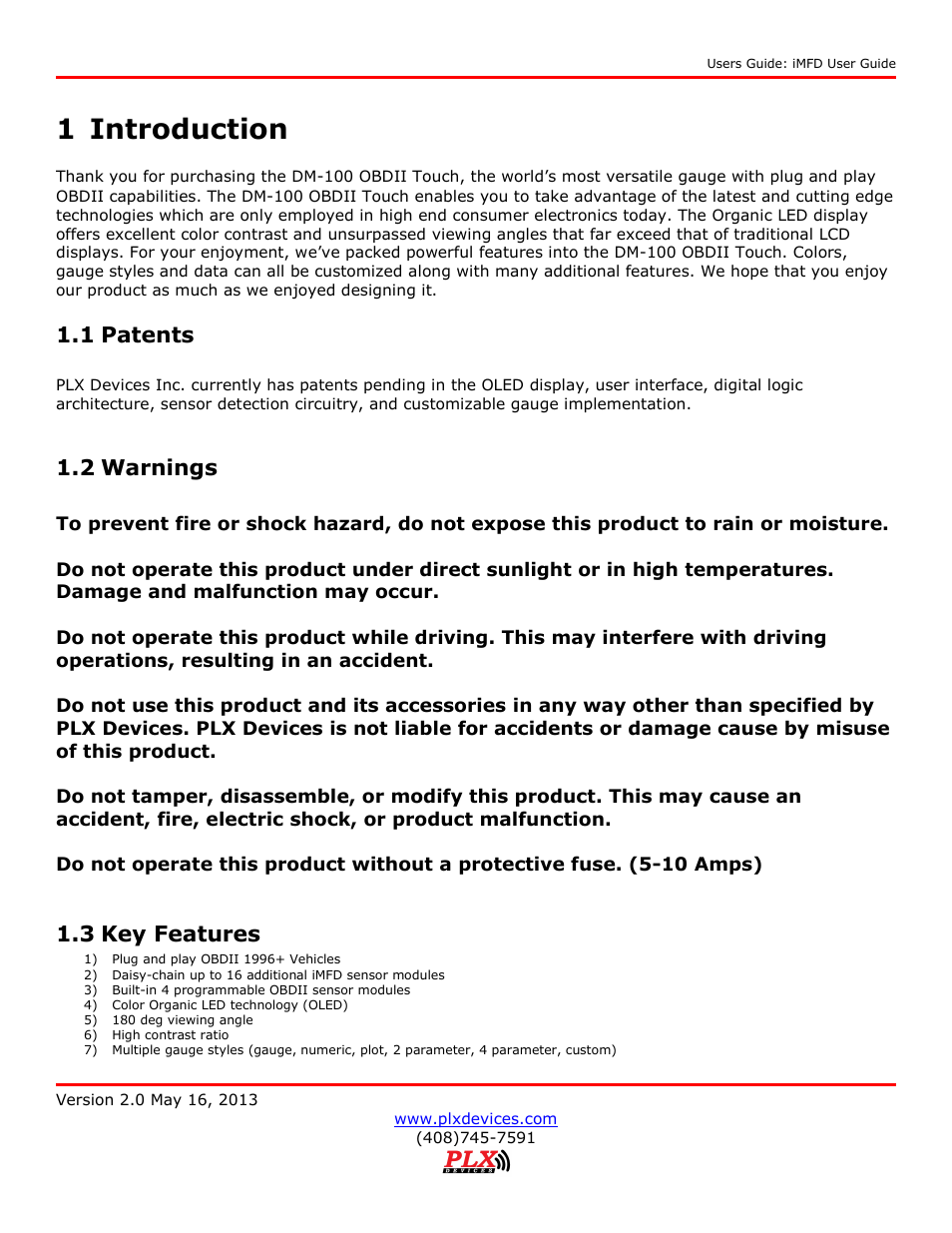 Introduction, Patents, Warnings | Key features, 1 introduction, 1 patents, 2 warnings, 3 key features | PLX Devices DM-100 OBDII Touch User Manual | Page 5 / 23