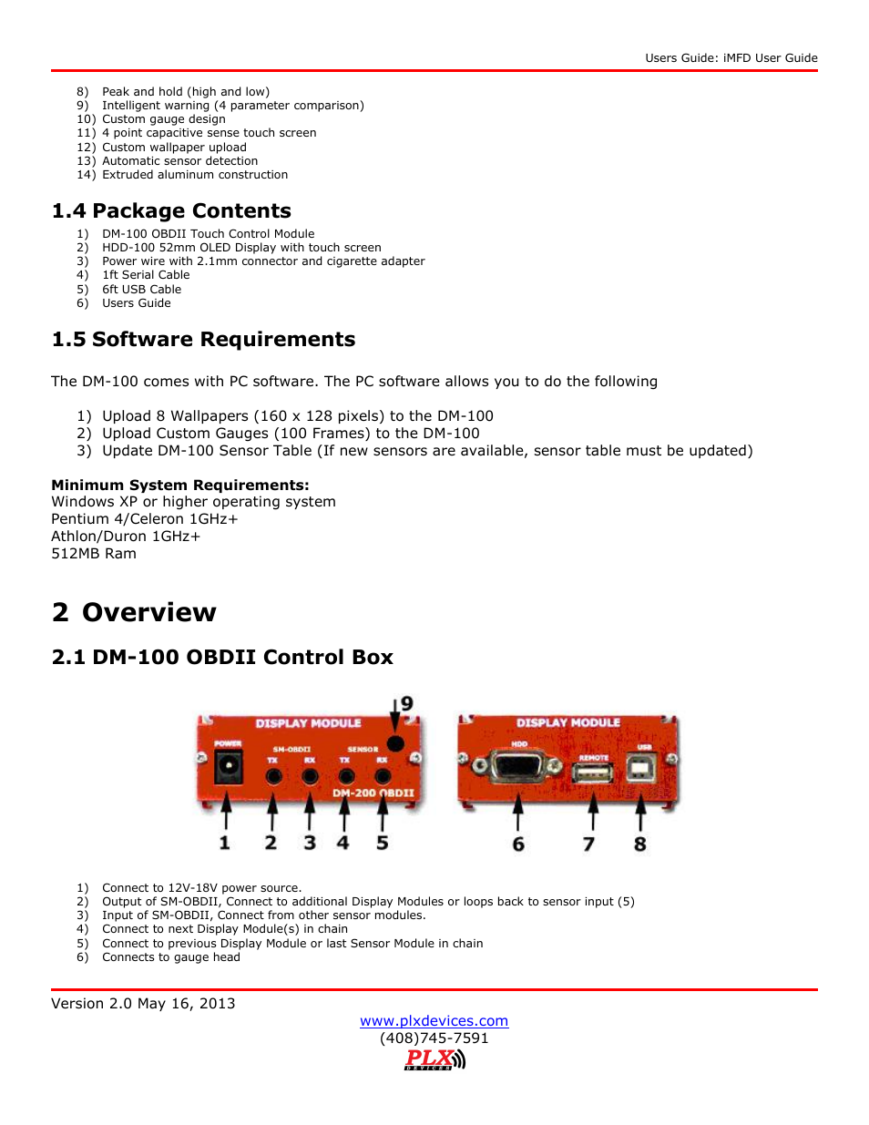 Package contents, Software requirements, Overview | Dm-100 obdii control box, 2 overview, 4 package contents, 5 software requirements, 1 dm-100 obdii control box | PLX Devices DM-100 OBDII Touch User Manual | Page 6 / 23