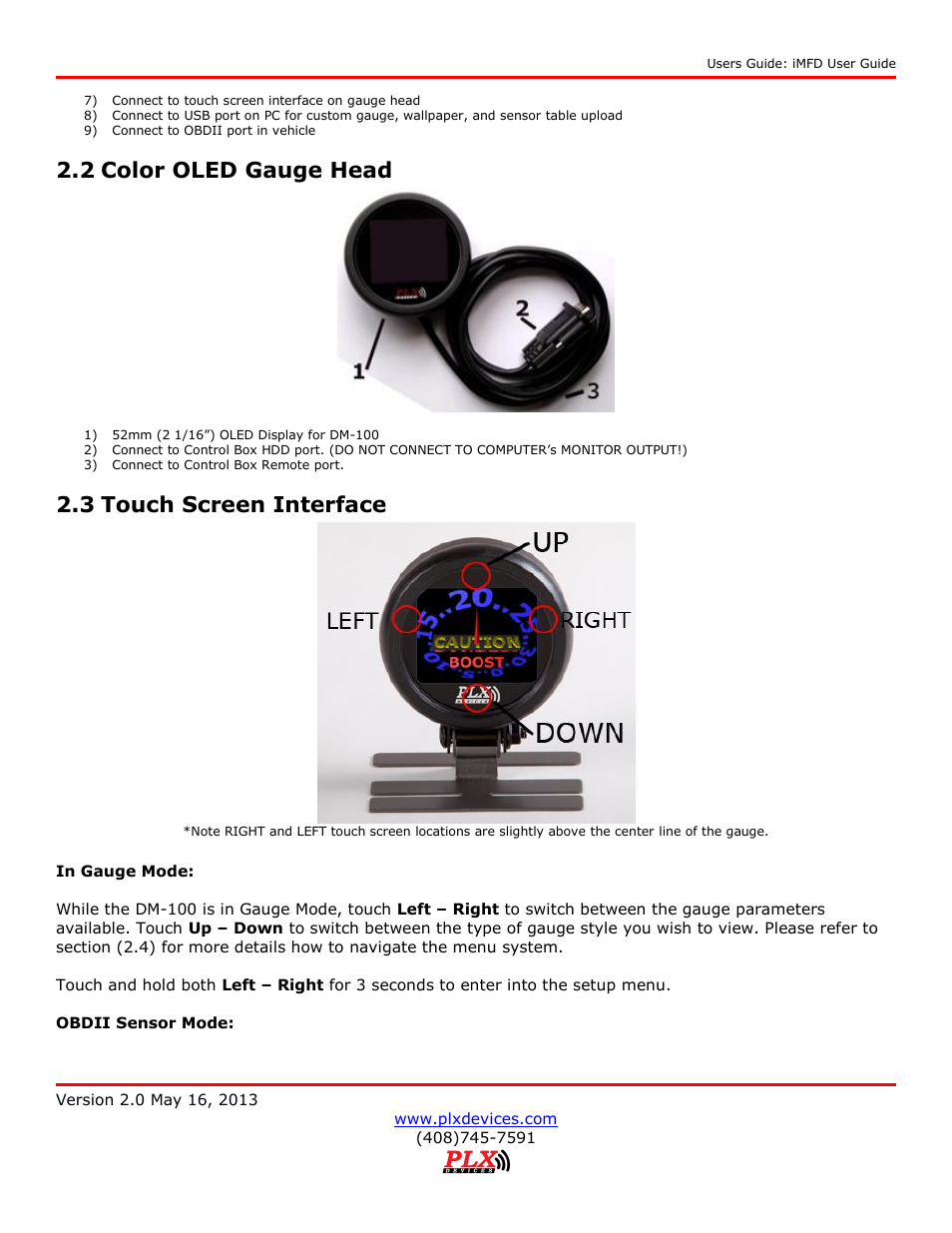 Color oled gauge head, Touch screen interface, 2 color oled gauge head | 3 touch screen interface | PLX Devices DM-100 OBDII Touch User Manual | Page 7 / 23