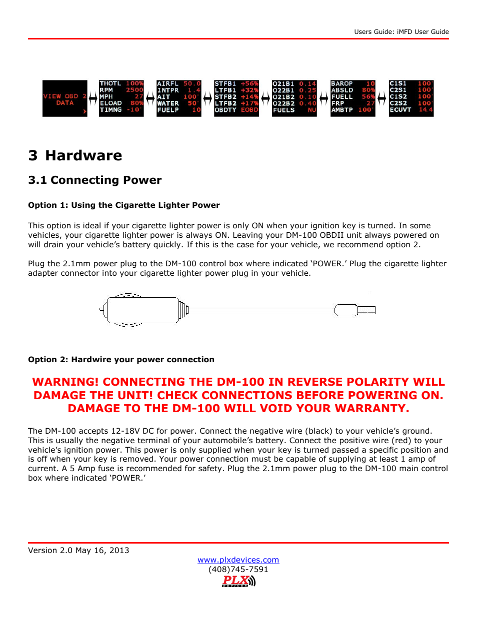 Obdii parameters, Hardware, Connecting power | 3 hardware, 1 connecting power | PLX Devices DM-100 OBDII Touch User Manual | Page 9 / 23