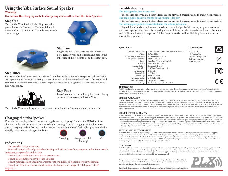 PLX Devices Yaba Speaker User Manual | 1 page