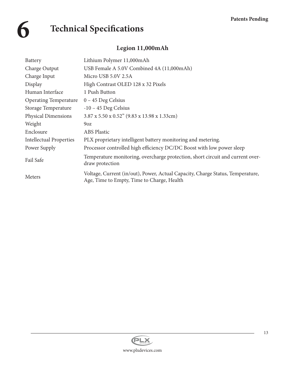 Technical specifications | PLX Devices Legion Gen2 11,000 mAh User Manual | Page 13 / 14