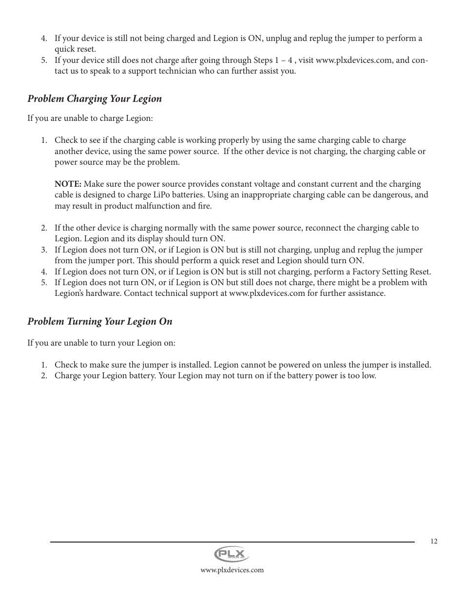 Problem charging your legion, Problem turning your legion on | PLX Devices Legion Gen1 11,000 mAh User Manual | Page 12 / 14