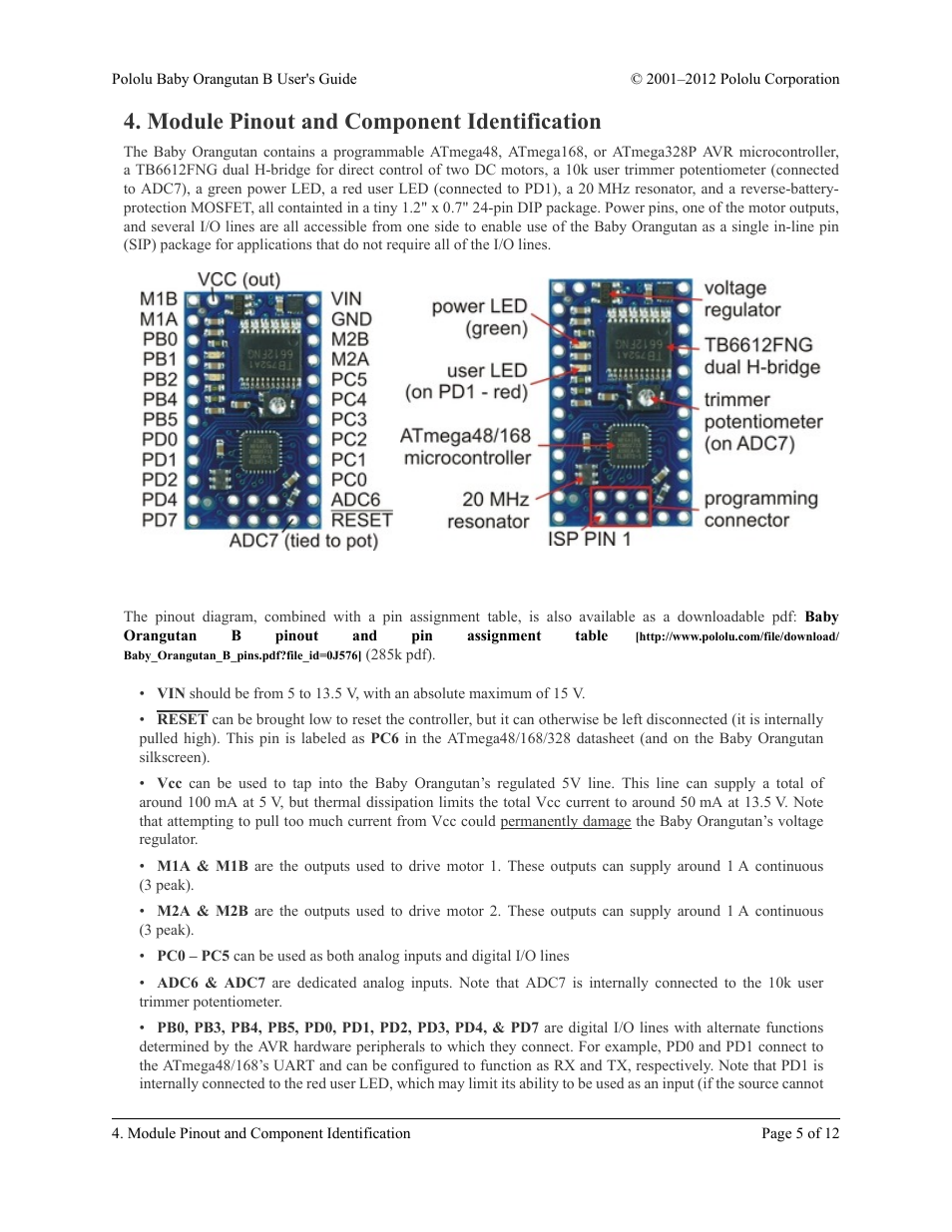 Module pinout and component identification | Pololu Baby Orangutan B User Manual | Page 5 / 12