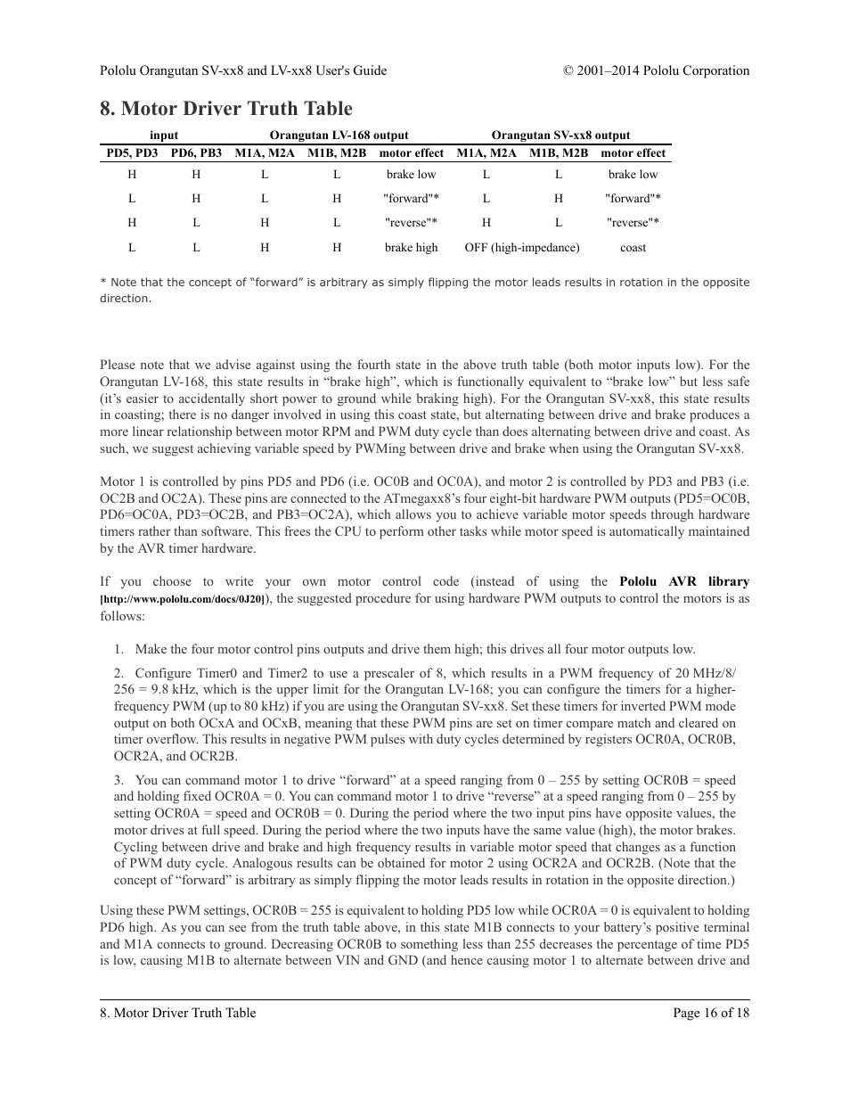 Motor driver truth table | Pololu Orangutan LV-xx8 User Manual | Page 16 / 18